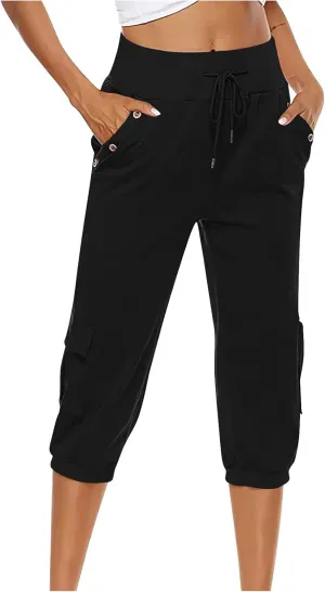Womens Cotton Linen Cargo Capris Pants Plus Size Loose Fit Hiking Pants Casual Lightweight Jogger Shorts with Pocket