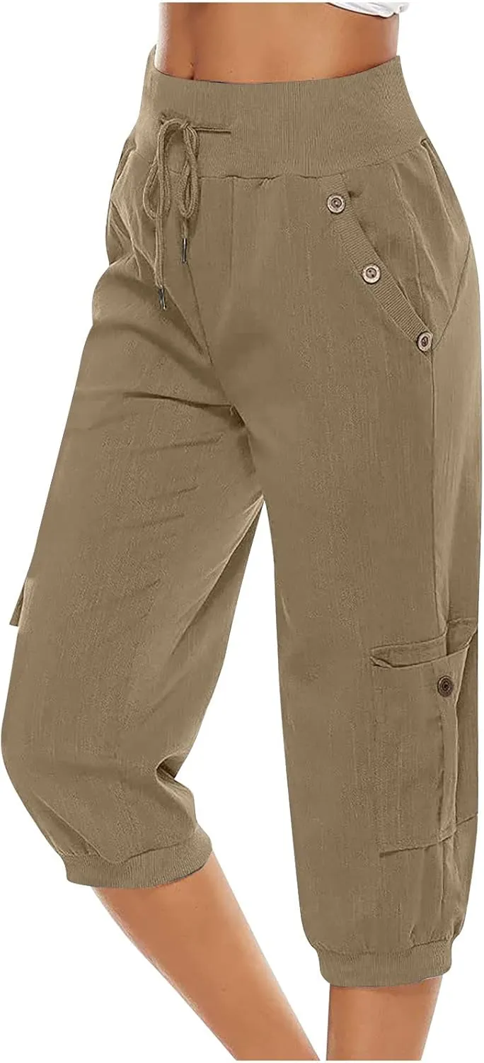 Womens Cotton Linen Cargo Capris Pants Plus Size Loose Fit Hiking Pants Casual Lightweight Jogger Shorts with Pocket