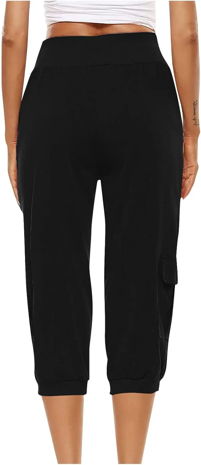 Womens Cotton Linen Cargo Capris Pants Plus Size Loose Fit Hiking Pants Casual Lightweight Jogger Shorts with Pocket