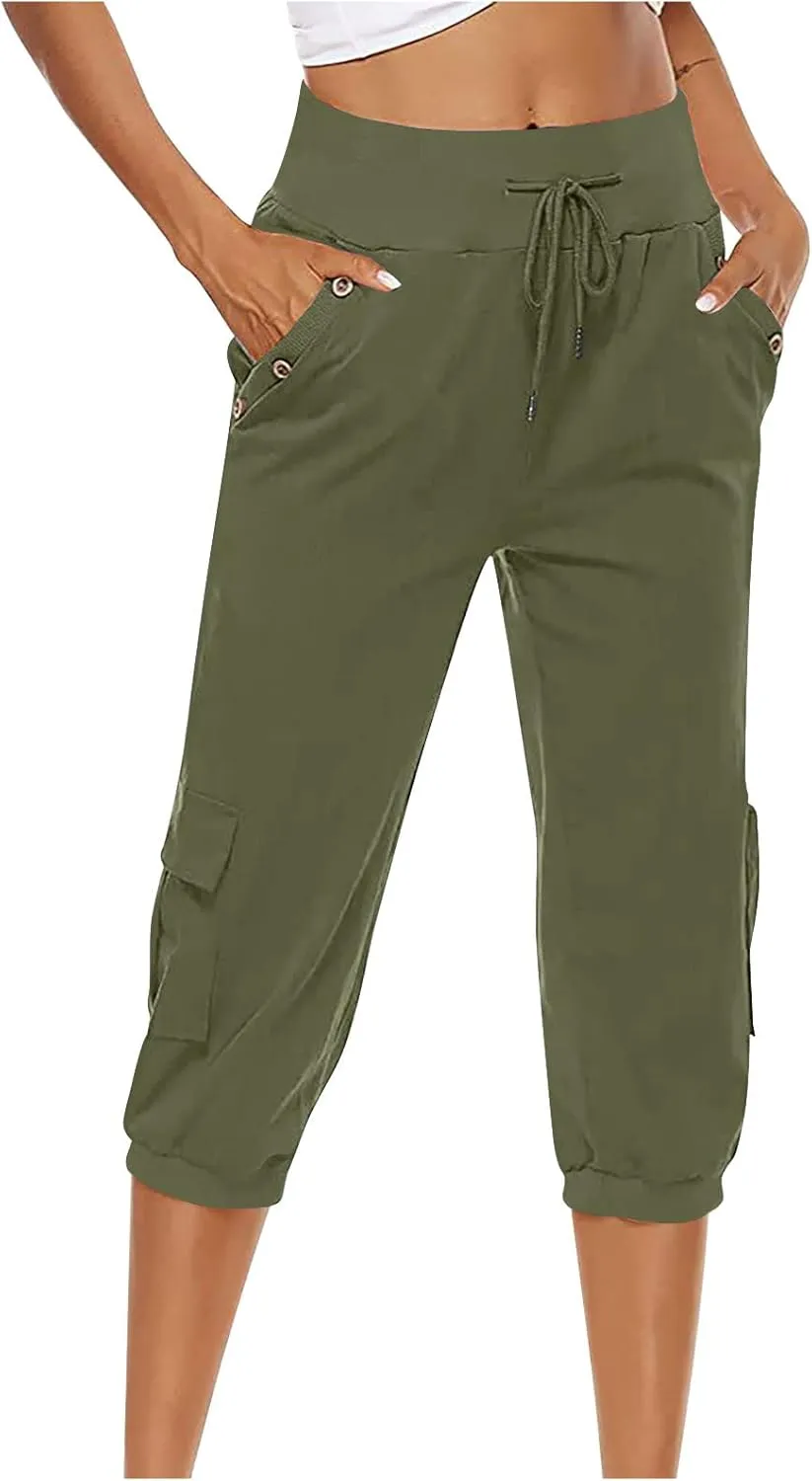Womens Cotton Linen Cargo Capris Pants Plus Size Loose Fit Hiking Pants Casual Lightweight Jogger Shorts with Pocket