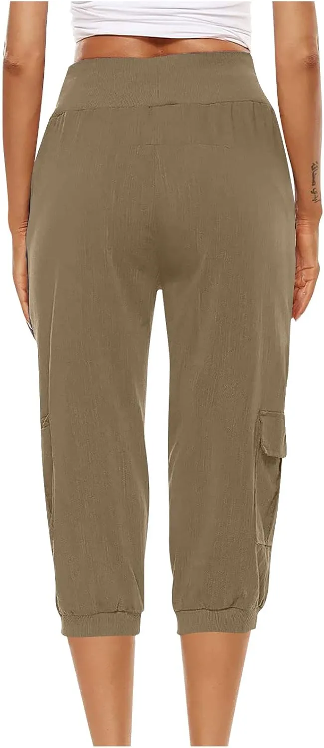 Womens Cotton Linen Cargo Capris Pants Plus Size Loose Fit Hiking Pants Casual Lightweight Jogger Shorts with Pocket
