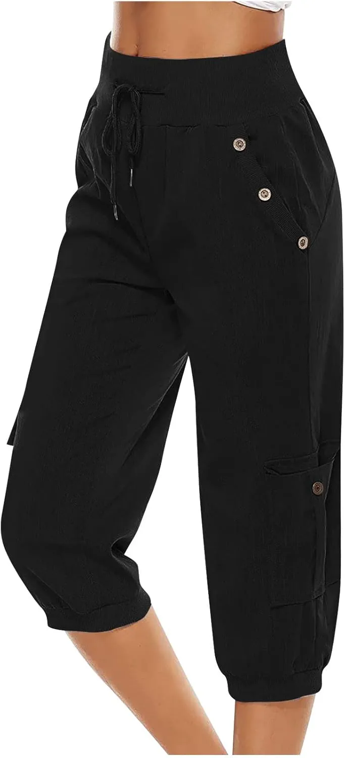 Womens Cotton Linen Cargo Capris Pants Plus Size Loose Fit Hiking Pants Casual Lightweight Jogger Shorts with Pocket