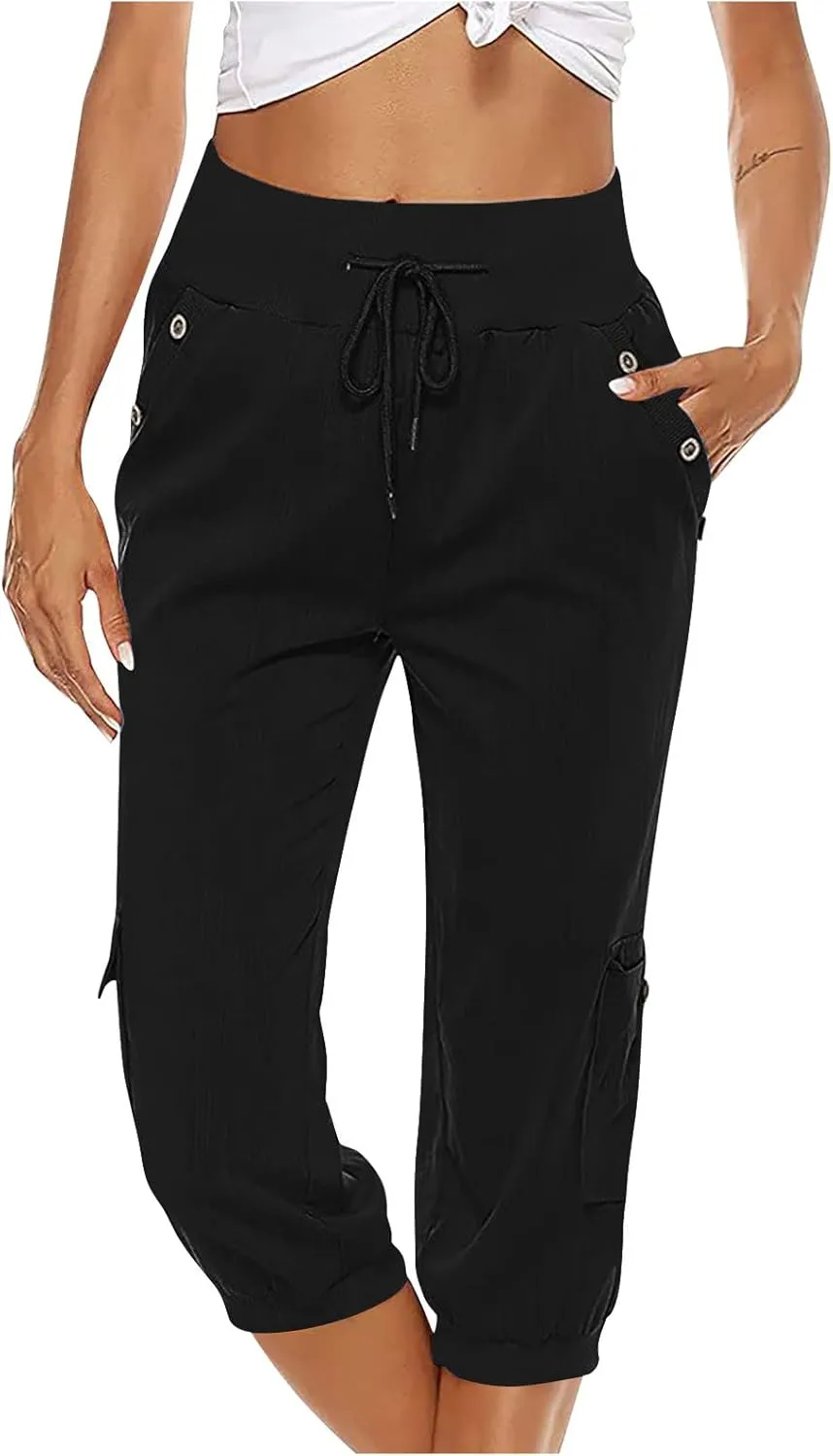 Womens Cotton Linen Cargo Capris Pants Plus Size Loose Fit Hiking Pants Casual Lightweight Jogger Shorts with Pocket