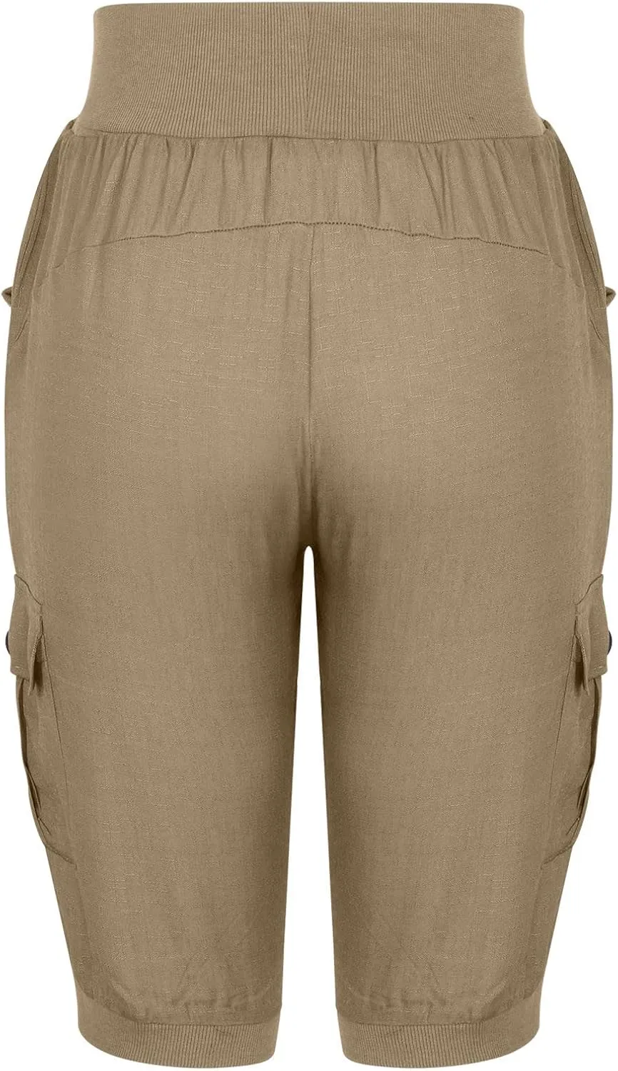 Womens Cotton Linen Cargo Capris Pants Plus Size Loose Fit Hiking Pants Casual Lightweight Jogger Shorts with Pocket