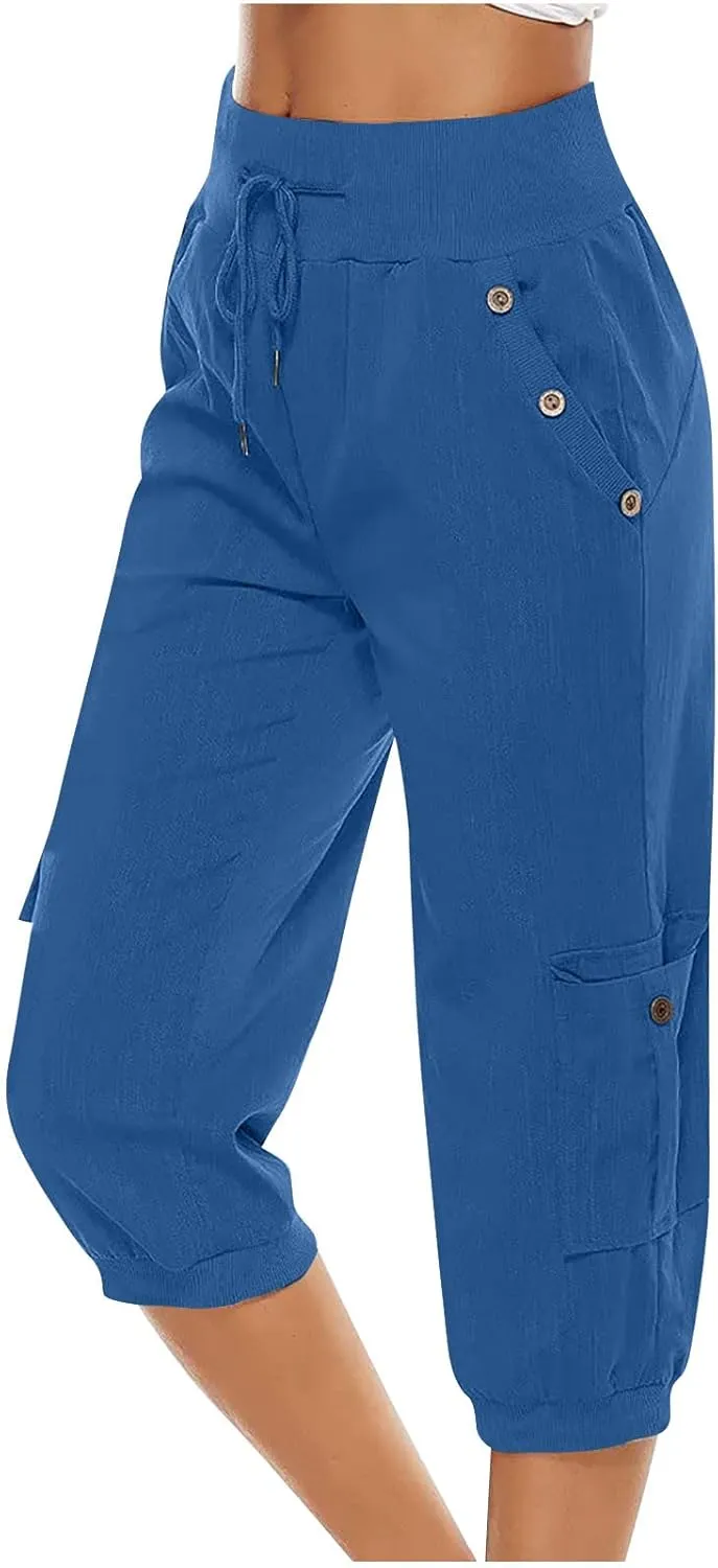 Womens Cotton Linen Cargo Capris Pants Plus Size Loose Fit Hiking Pants Casual Lightweight Jogger Shorts with Pocket