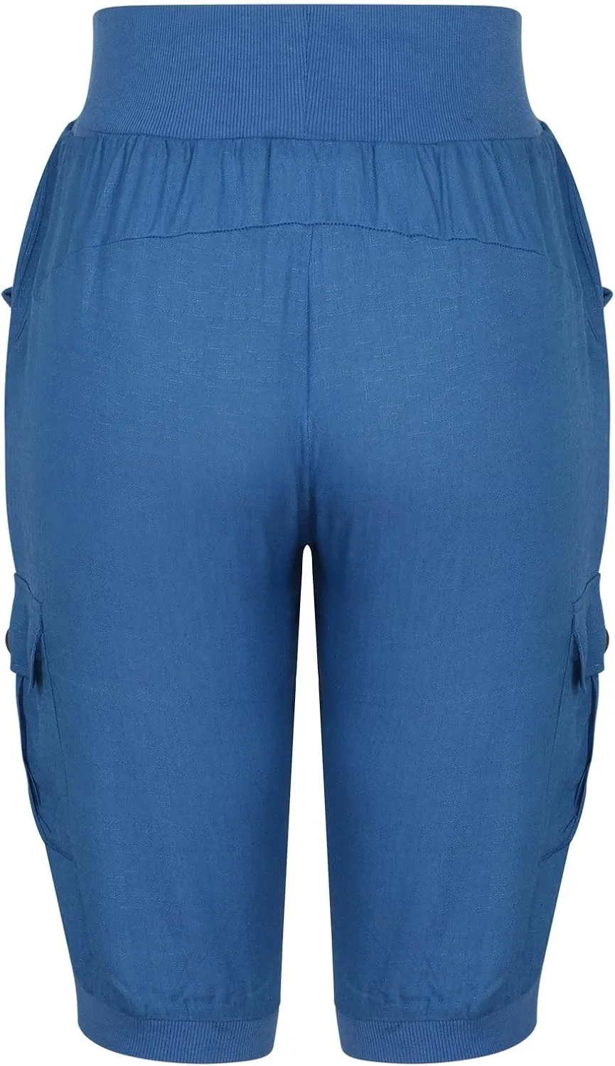 Womens Cotton Linen Cargo Capris Pants Plus Size Loose Fit Hiking Pants Casual Lightweight Jogger Shorts with Pocket