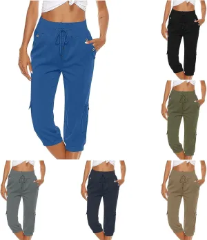 Womens Cotton Linen Cargo Capris Pants Plus Size Loose Fit Hiking Pants Casual Lightweight Jogger Shorts with Pocket