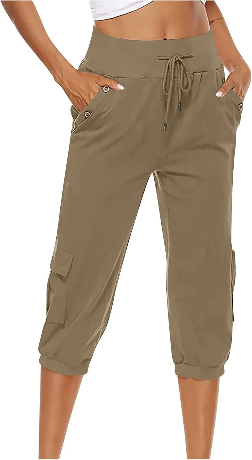 Womens Cotton Linen Cargo Capris Pants Plus Size Loose Fit Hiking Pants Casual Lightweight Jogger Shorts with Pocket
