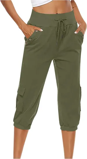 Womens Cotton Linen Cargo Capris Pants Plus Size Loose Fit Hiking Pants Casual Lightweight Jogger Shorts with Pocket