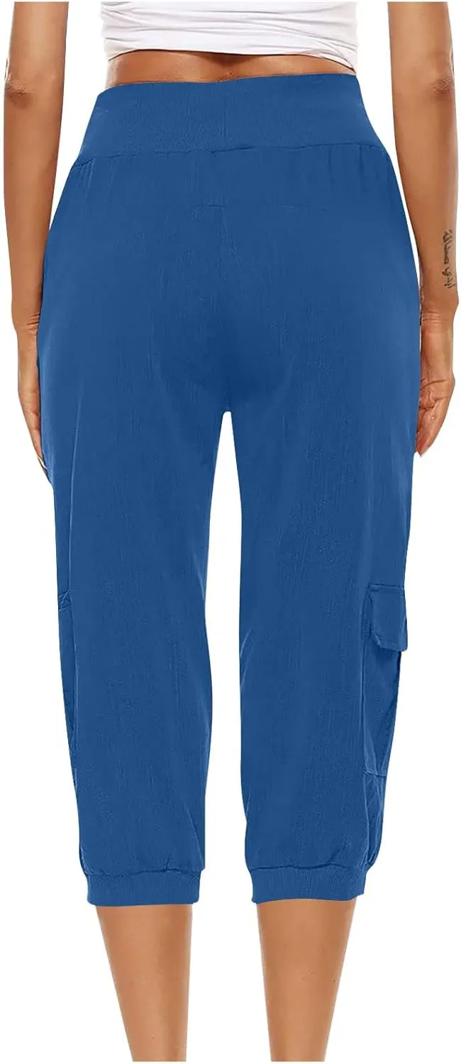 Womens Cotton Linen Cargo Capris Pants Plus Size Loose Fit Hiking Pants Casual Lightweight Jogger Shorts with Pocket