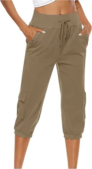 Womens Cotton Linen Cargo Capris Pants Plus Size Loose Fit Hiking Pants Casual Lightweight Jogger Shorts with Pocket