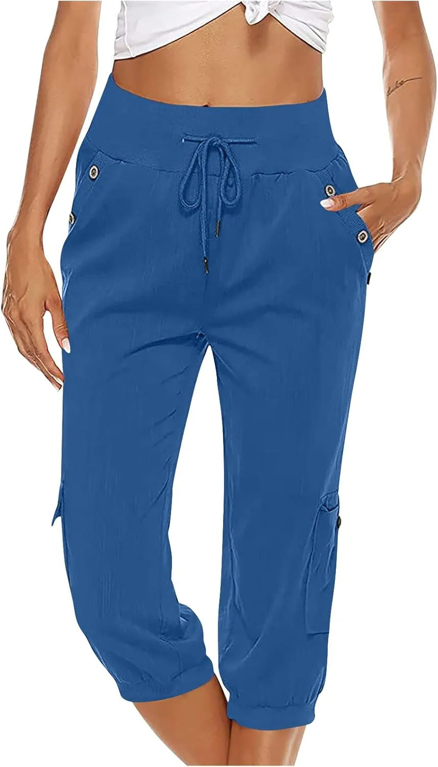Womens Cotton Linen Cargo Capris Pants Plus Size Loose Fit Hiking Pants Casual Lightweight Jogger Shorts with Pocket