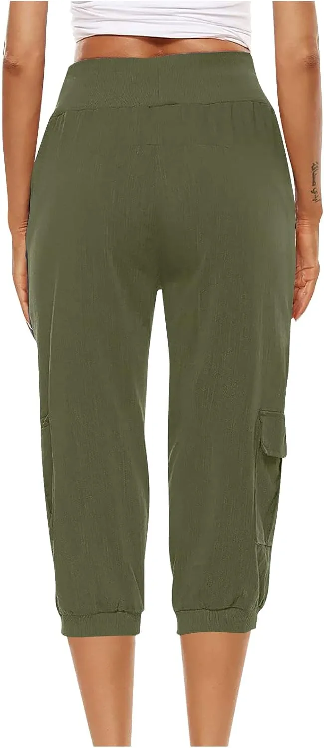 Womens Cotton Linen Cargo Capris Pants Plus Size Loose Fit Hiking Pants Casual Lightweight Jogger Shorts with Pocket