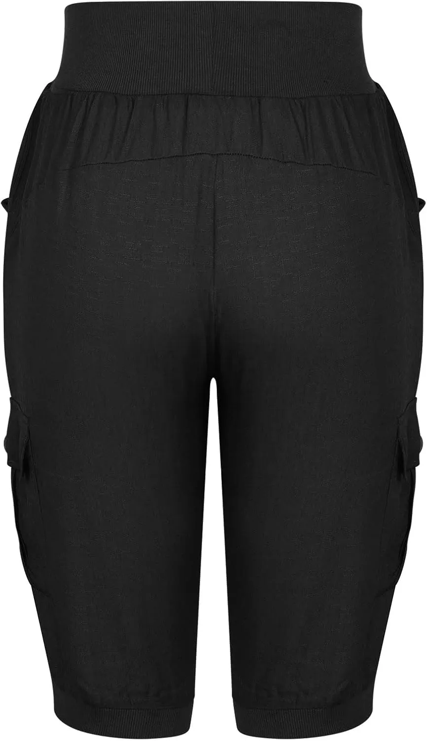Womens Cotton Linen Cargo Capris Pants Plus Size Loose Fit Hiking Pants Casual Lightweight Jogger Shorts with Pocket