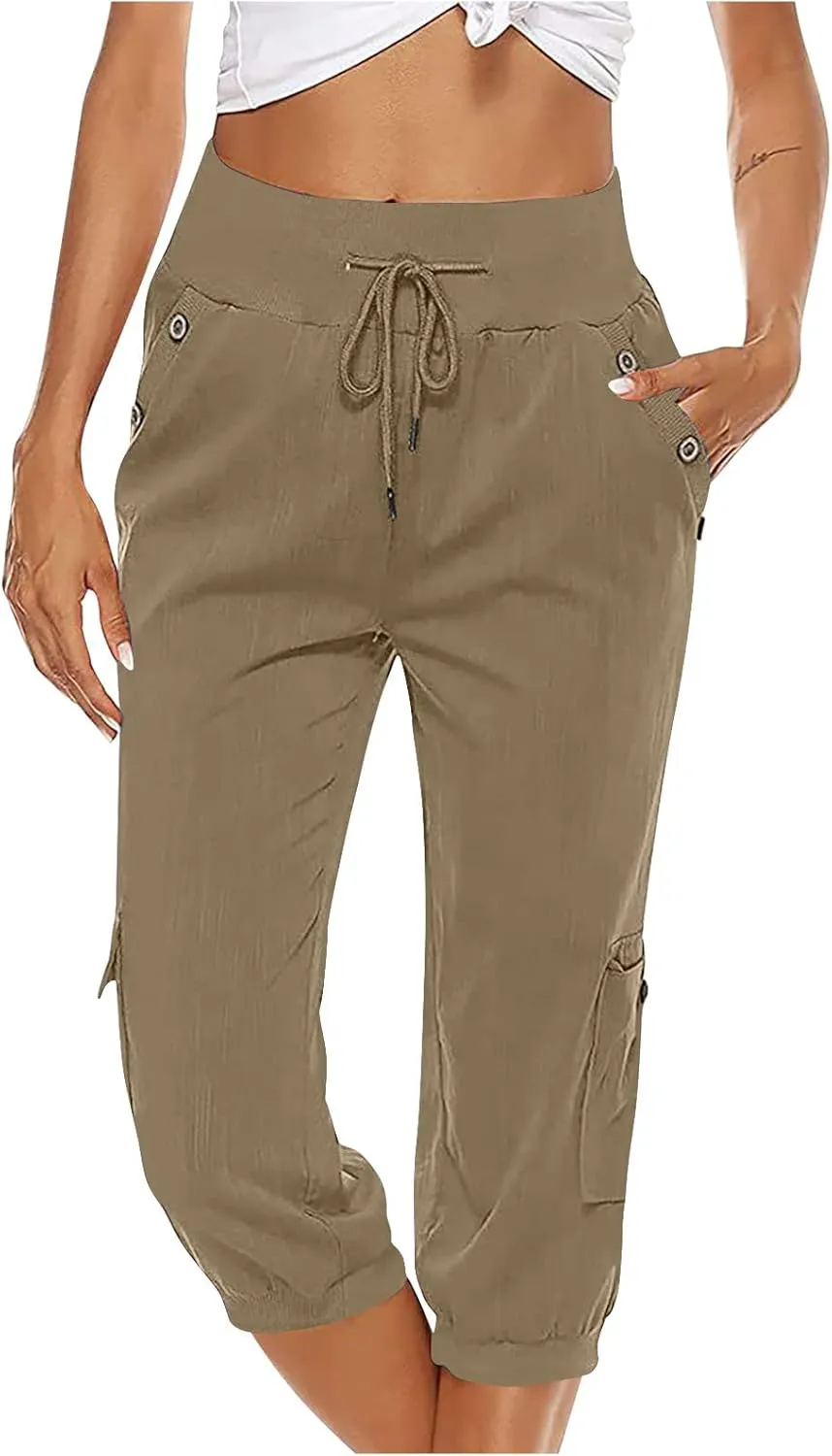 Womens Cotton Linen Cargo Capris Pants Plus Size Loose Fit Hiking Pants Casual Lightweight Jogger Shorts with Pocket