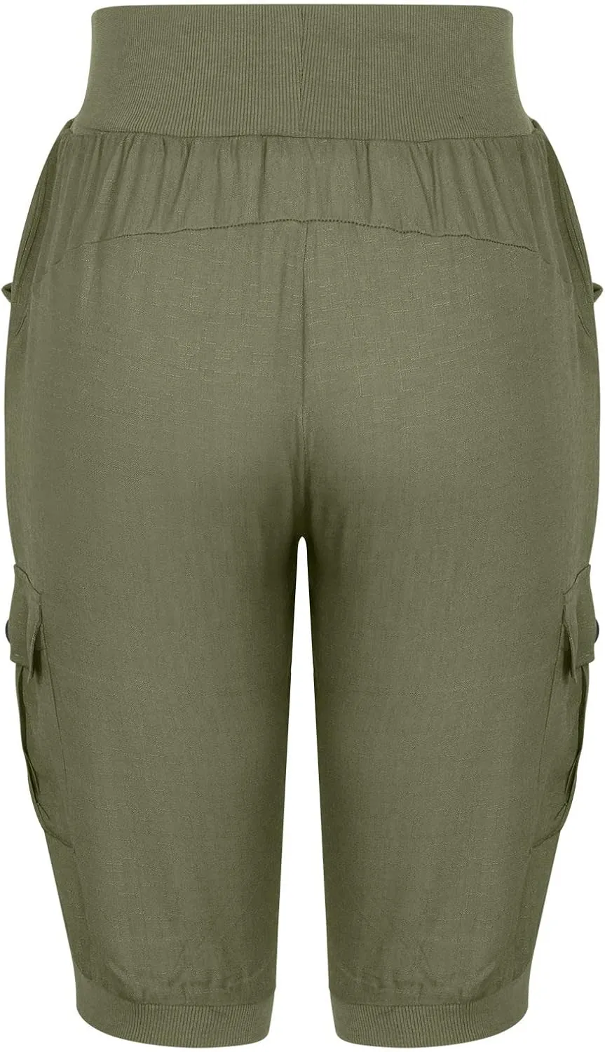 Womens Cotton Linen Cargo Capris Pants Plus Size Loose Fit Hiking Pants Casual Lightweight Jogger Shorts with Pocket