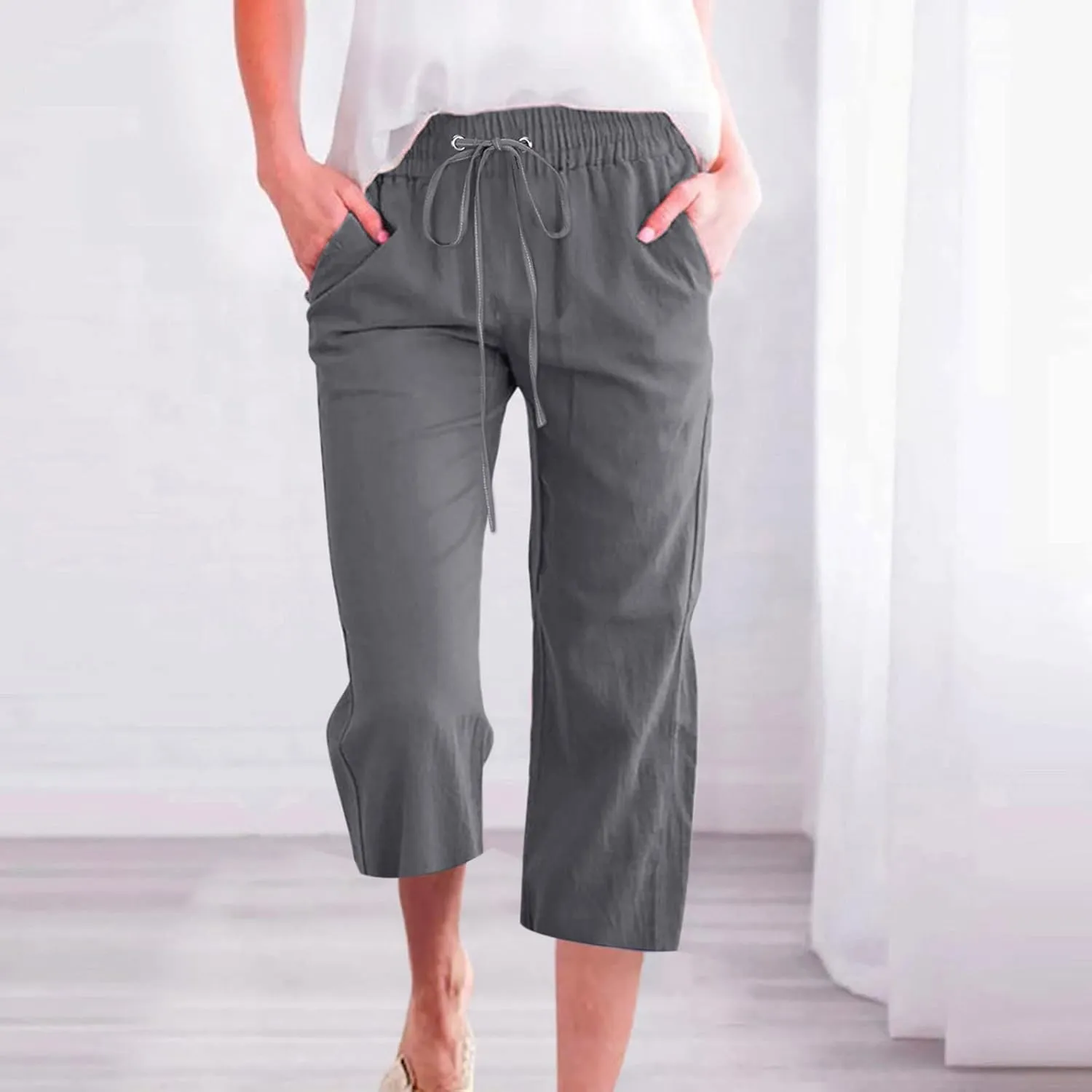 Womens Cotton Linen Cropped Pants Loose Fit Straight Leg Capri Casual Plus Size Elastic Waist Trousers with Pockets