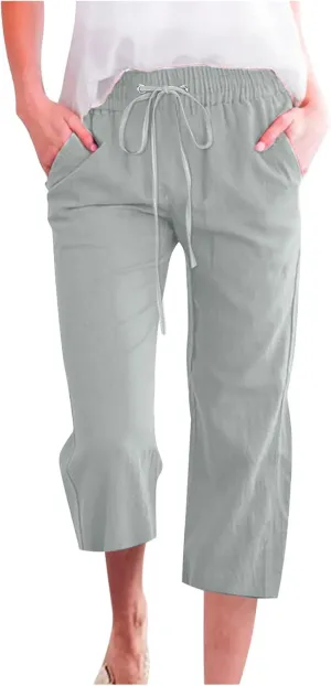 Womens Cotton Linen Cropped Pants Loose Fit Straight Leg Capri Casual Plus Size Elastic Waist Trousers with Pockets