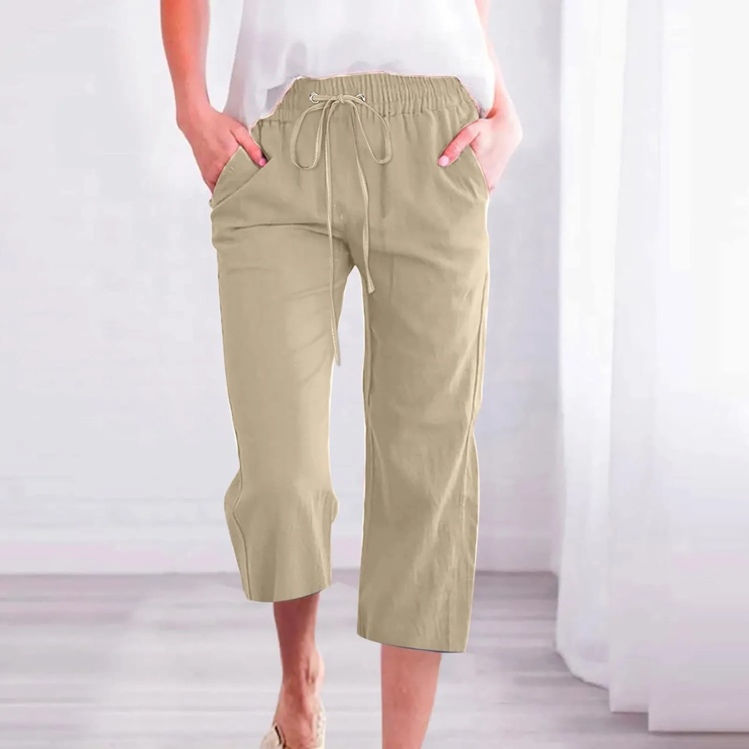 Womens Cotton Linen Cropped Pants Loose Fit Straight Leg Capri Casual Plus Size Elastic Waist Trousers with Pockets