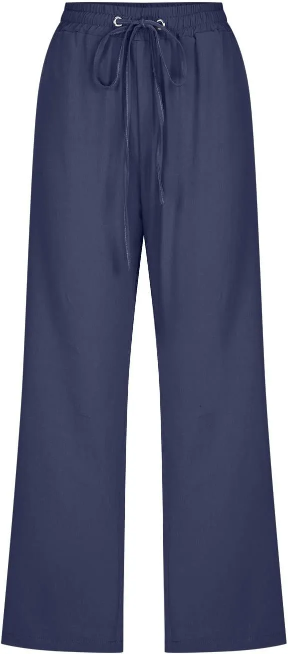 Womens Cotton Linen Cropped Pants Loose Fit Straight Leg Capri Casual Plus Size Elastic Waist Trousers with Pockets