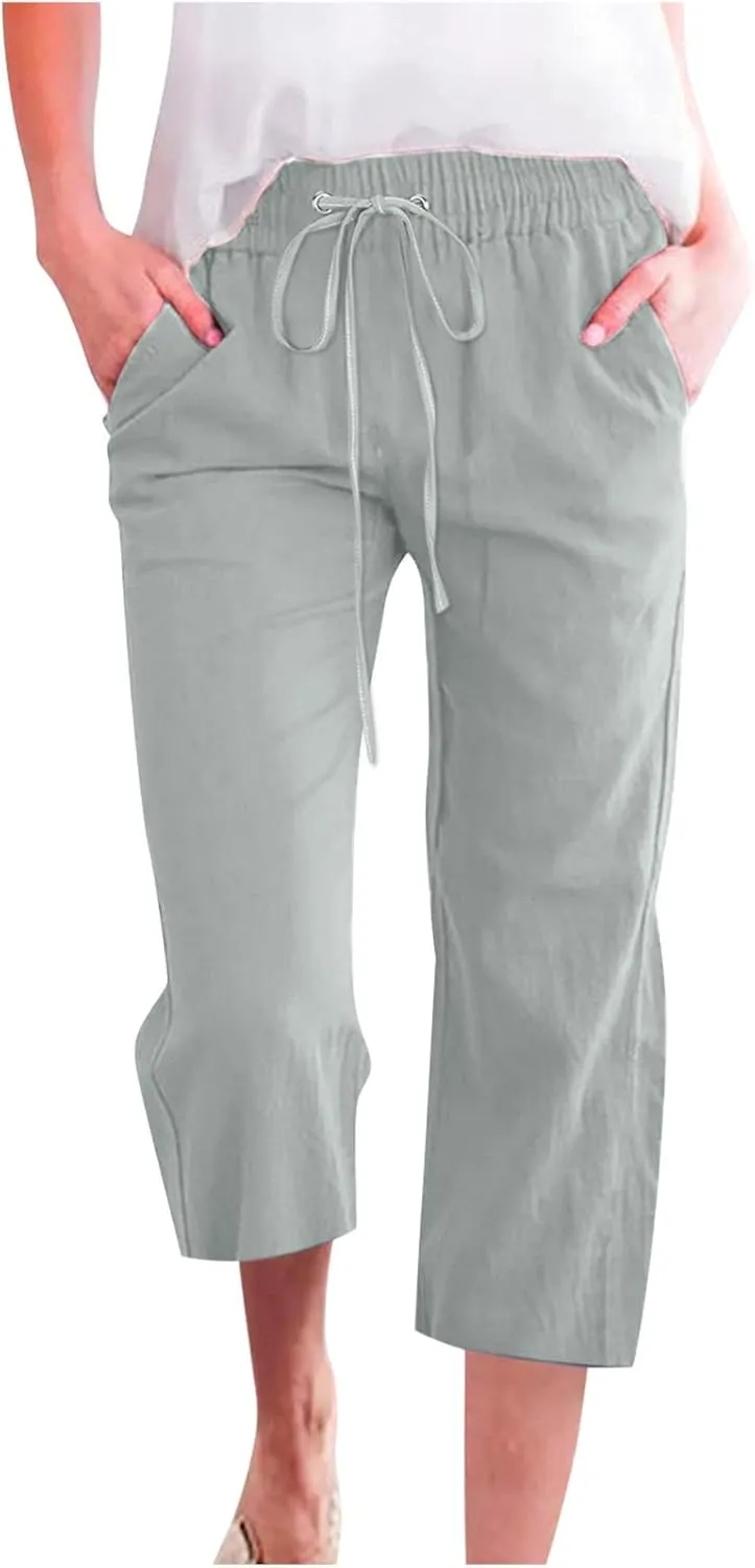 Womens Cotton Linen Cropped Pants Loose Fit Straight Leg Capri Casual Plus Size Elastic Waist Trousers with Pockets