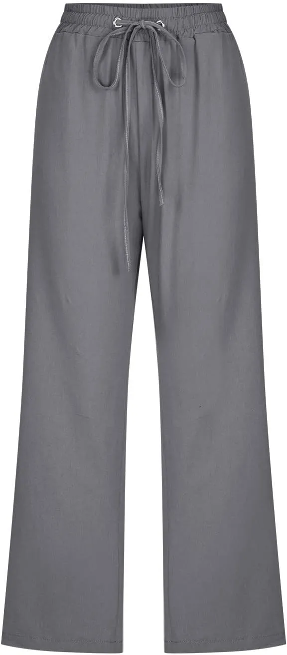 Womens Cotton Linen Cropped Pants Loose Fit Straight Leg Capri Casual Plus Size Elastic Waist Trousers with Pockets