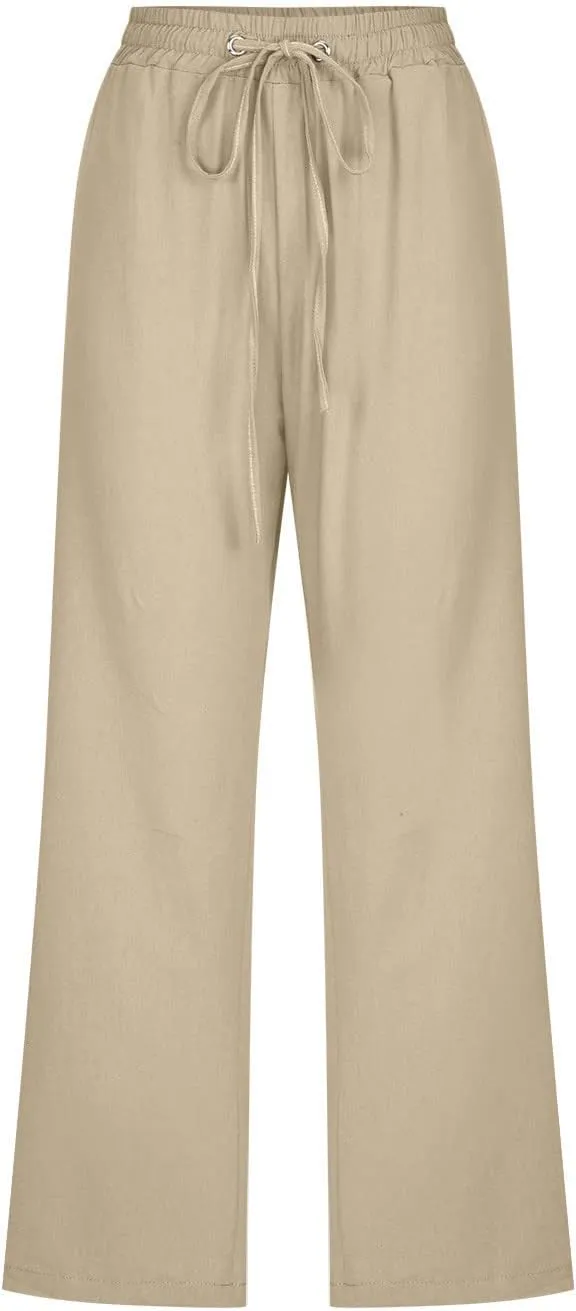 Womens Cotton Linen Cropped Pants Loose Fit Straight Leg Capri Casual Plus Size Elastic Waist Trousers with Pockets