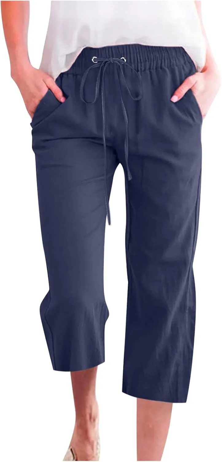 Womens Cotton Linen Cropped Pants Loose Fit Straight Leg Capri Casual Plus Size Elastic Waist Trousers with Pockets