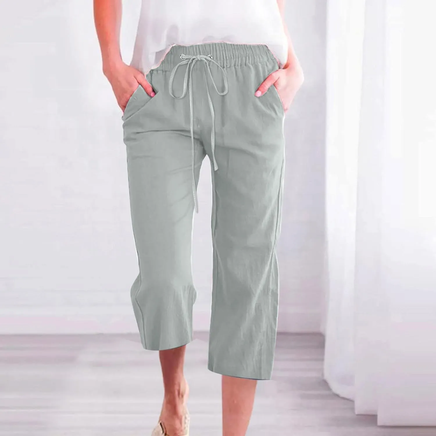 Womens Cotton Linen Cropped Pants Loose Fit Straight Leg Capri Casual Plus Size Elastic Waist Trousers with Pockets