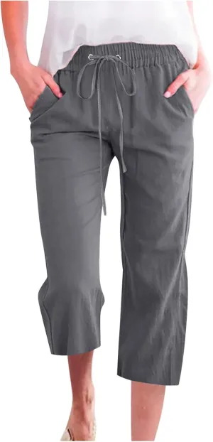 Womens Cotton Linen Cropped Pants Loose Fit Straight Leg Capri Casual Plus Size Elastic Waist Trousers with Pockets