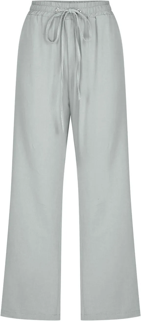 Womens Cotton Linen Cropped Pants Loose Fit Straight Leg Capri Casual Plus Size Elastic Waist Trousers with Pockets