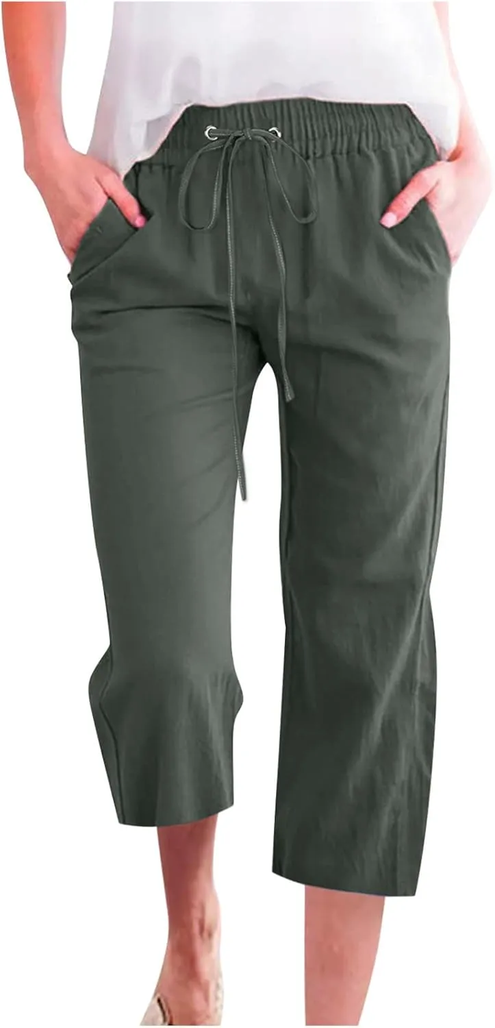 Womens Cotton Linen Cropped Pants Loose Fit Straight Leg Capri Casual Plus Size Elastic Waist Trousers with Pockets