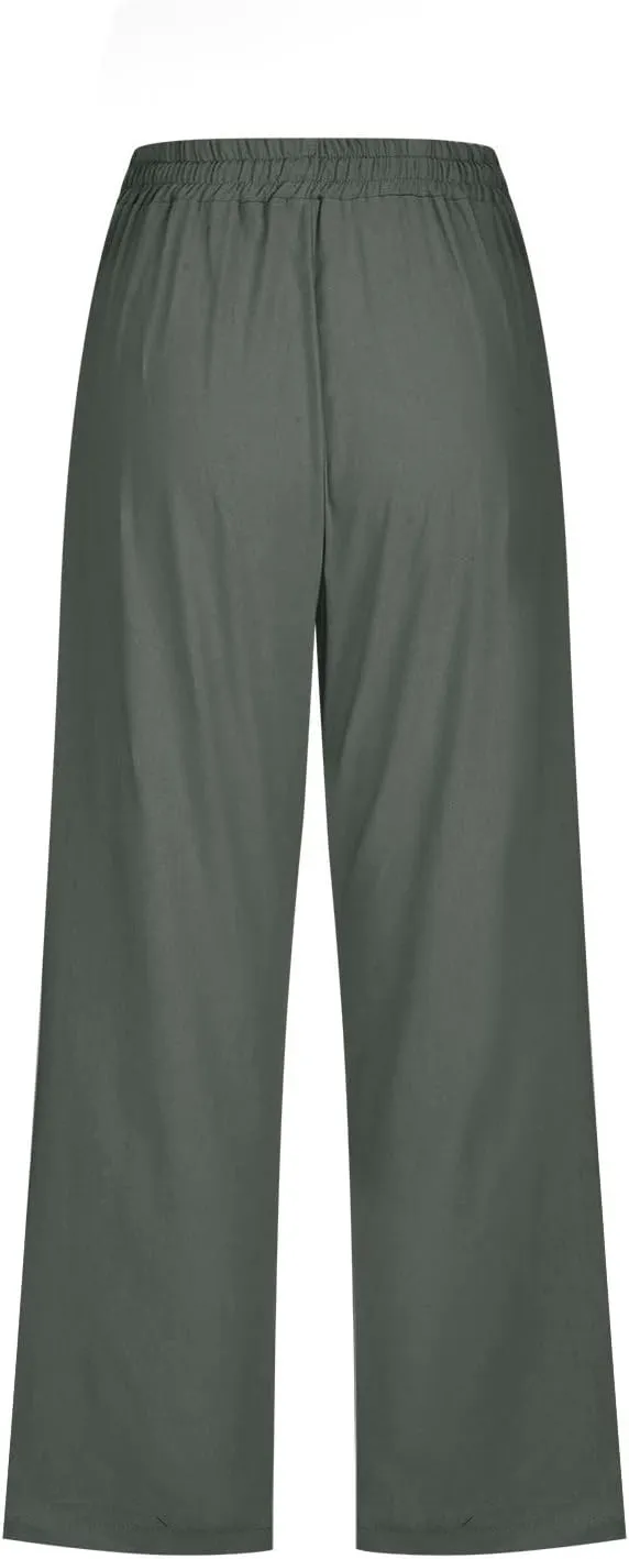 Womens Cotton Linen Cropped Pants Loose Fit Straight Leg Capri Casual Plus Size Elastic Waist Trousers with Pockets