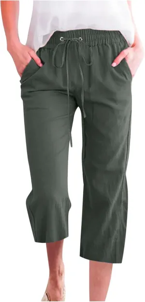 Womens Cotton Linen Cropped Pants Loose Fit Straight Leg Capri Casual Plus Size Elastic Waist Trousers with Pockets