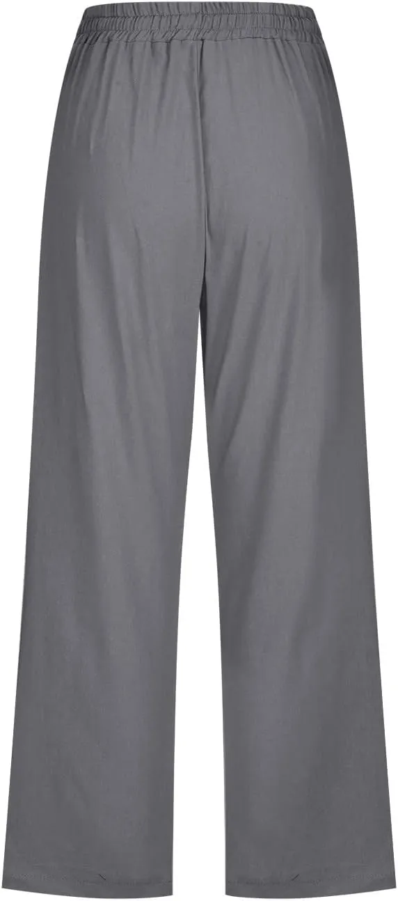 Womens Cotton Linen Cropped Pants Loose Fit Straight Leg Capri Casual Plus Size Elastic Waist Trousers with Pockets