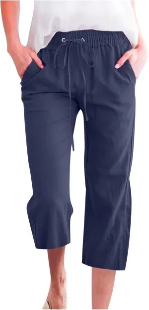 Womens Cotton Linen Cropped Pants Loose Fit Straight Leg Capri Casual Plus Size Elastic Waist Trousers with Pockets
