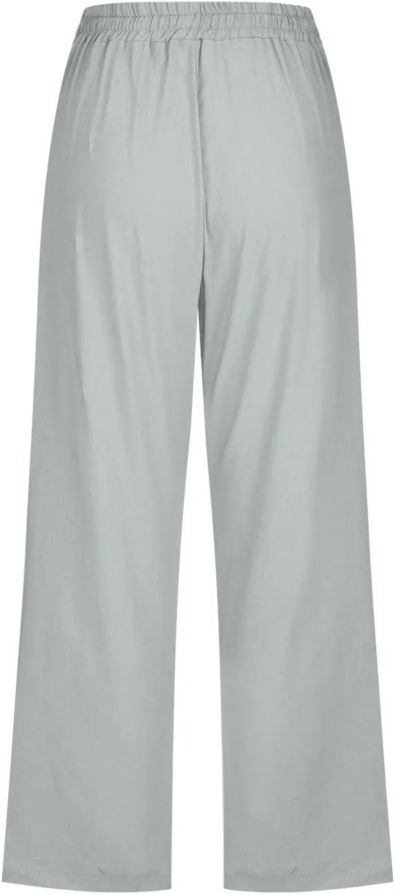 Womens Cotton Linen Cropped Pants Loose Fit Straight Leg Capri Casual Plus Size Elastic Waist Trousers with Pockets