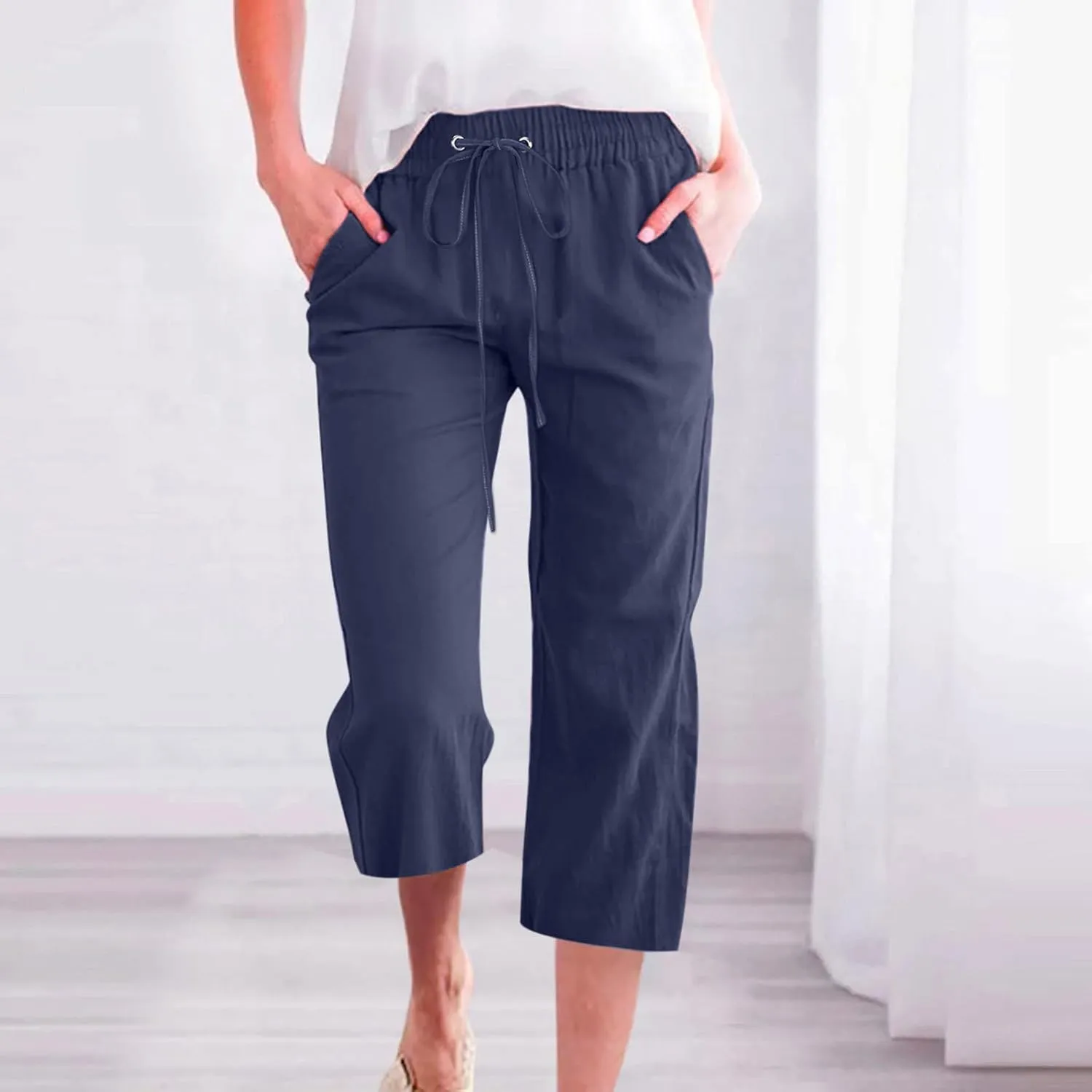 Womens Cotton Linen Cropped Pants Loose Fit Straight Leg Capri Casual Plus Size Elastic Waist Trousers with Pockets