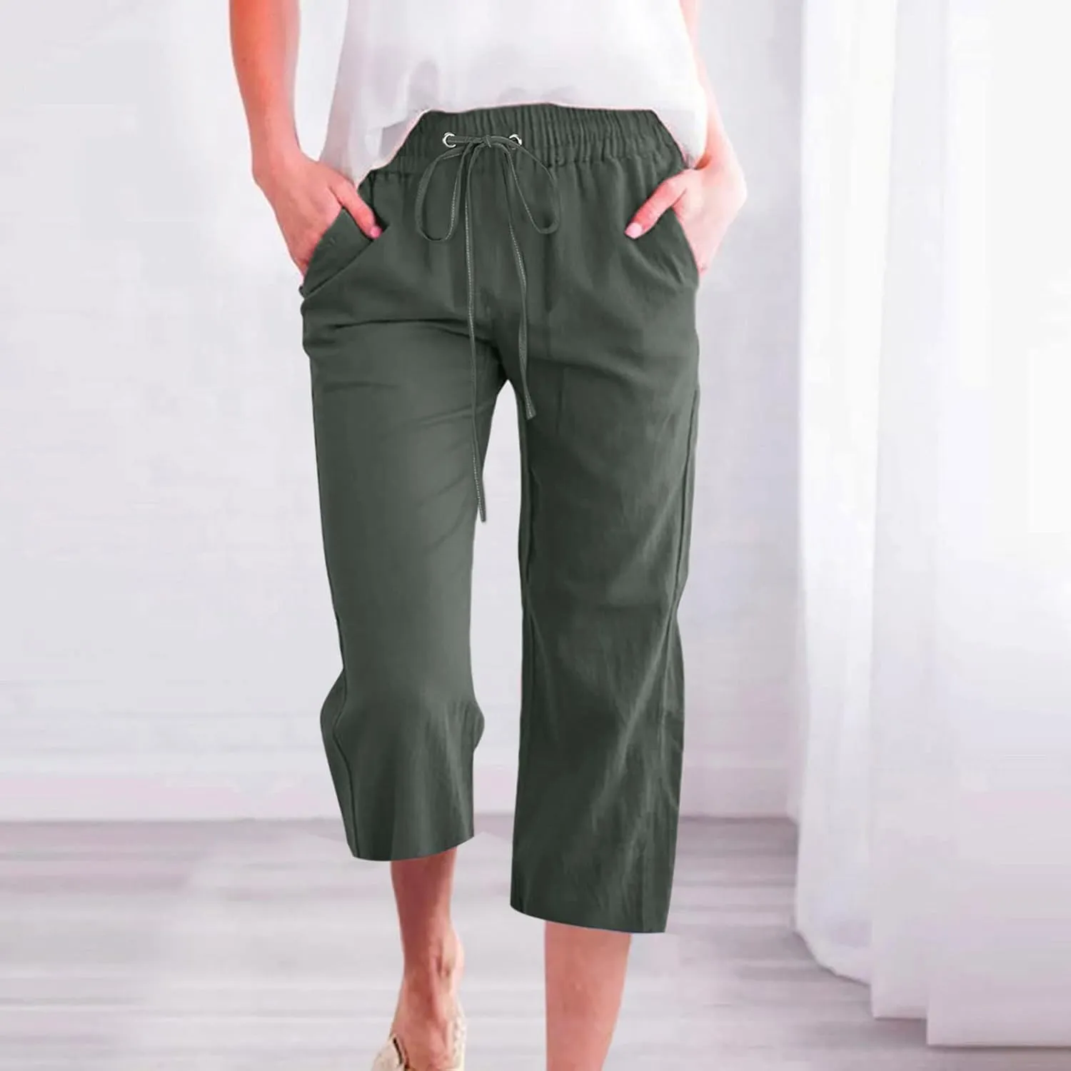 Womens Cotton Linen Cropped Pants Loose Fit Straight Leg Capri Casual Plus Size Elastic Waist Trousers with Pockets
