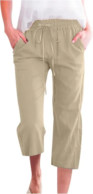 Womens Cotton Linen Cropped Pants Loose Fit Straight Leg Capri Casual Plus Size Elastic Waist Trousers with Pockets