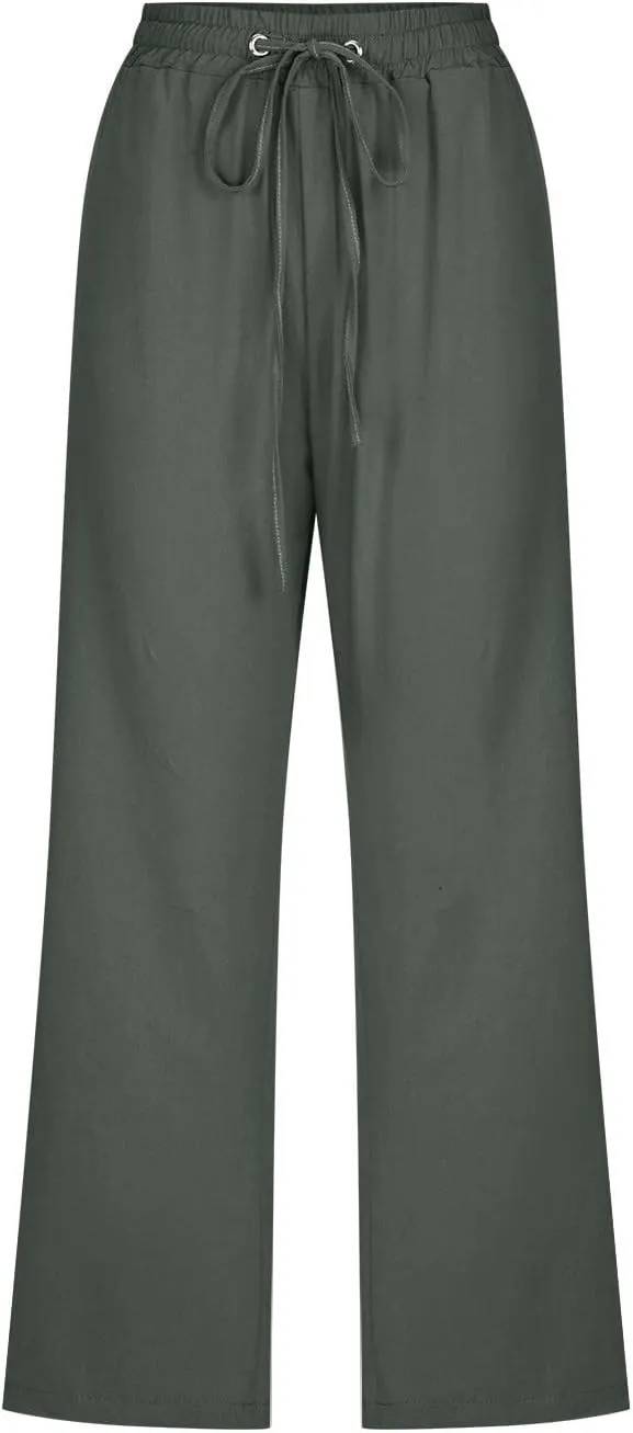 Womens Cotton Linen Cropped Pants Loose Fit Straight Leg Capri Casual Plus Size Elastic Waist Trousers with Pockets