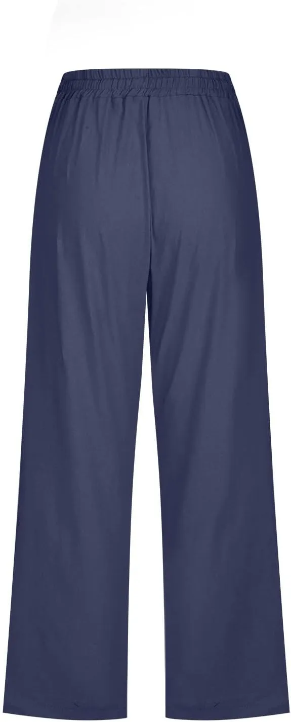 Womens Cotton Linen Cropped Pants Loose Fit Straight Leg Capri Casual Plus Size Elastic Waist Trousers with Pockets