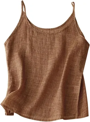 Womens Cotton Linen Gauze Cami Tops Spaghetti Strap Loose Tank Shirts Flowy Lightweight Camisole Summer Basic Tees