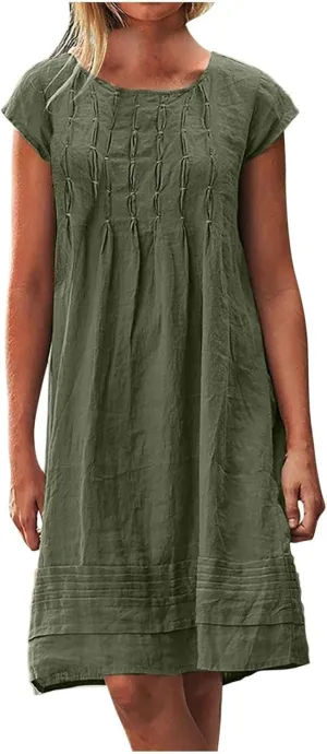 Women's Cotton Linen Midi Dress Plus Size Cap Sleeve Pleated Summer Dresses Vacation 2025 Crew Neck Casual Dress