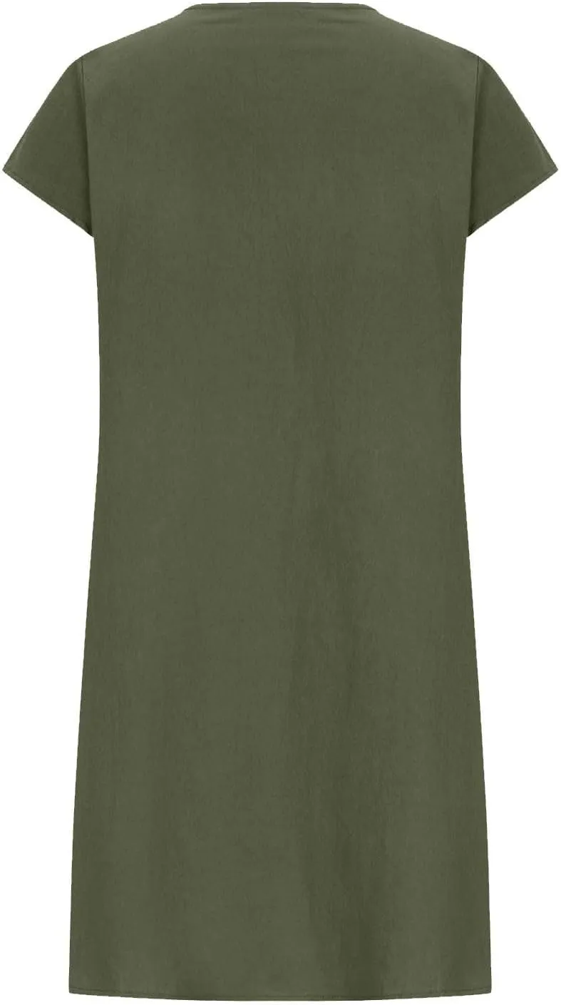 Women's Cotton Linen Midi Dress Plus Size Cap Sleeve Pleated Summer Dresses Vacation 2025 Crew Neck Casual Dress