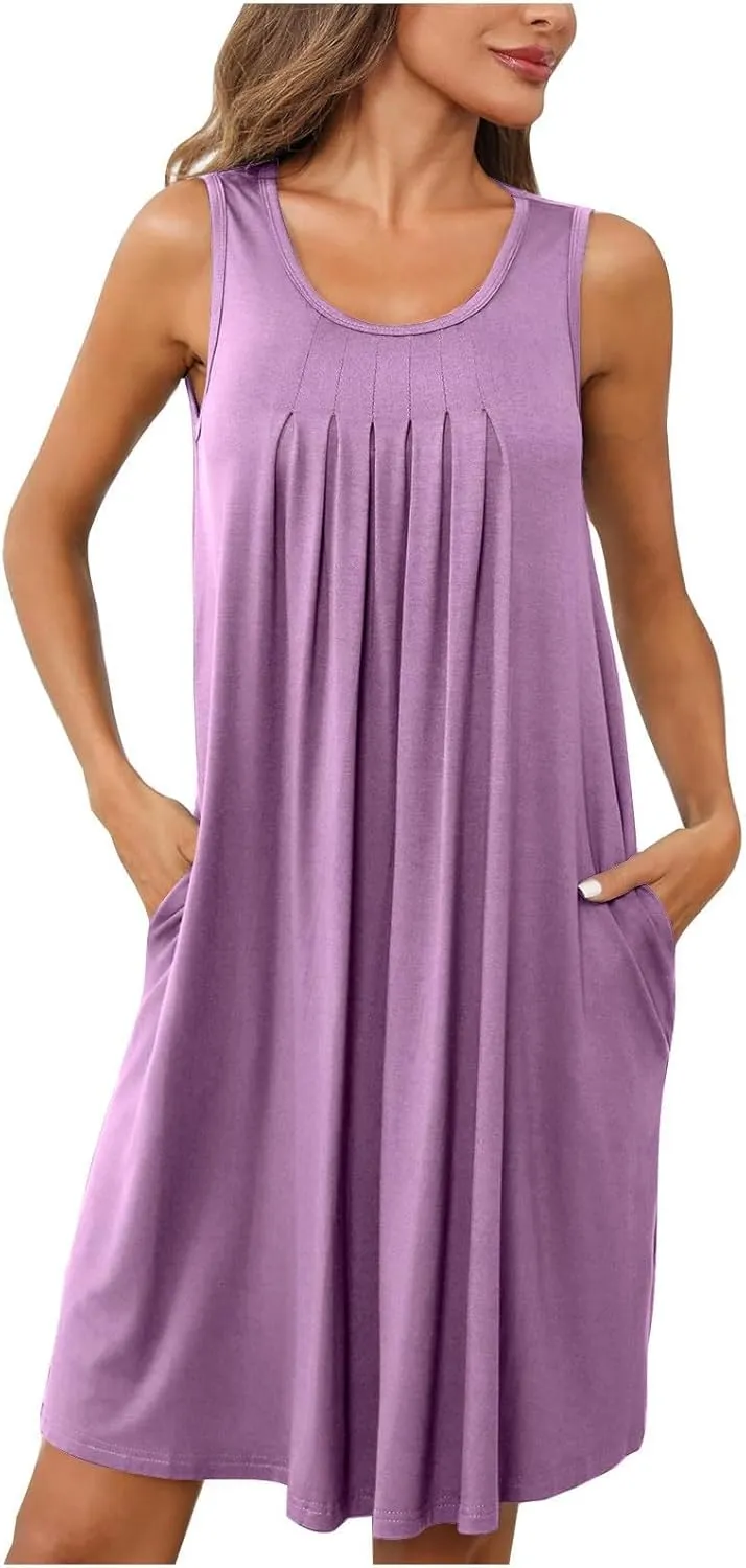 Womens Cotton Nightgown Soft Comfort Sleeveless Crewneck Pleated Front Sleepwear Loose Tunic Sundresses with Pockets