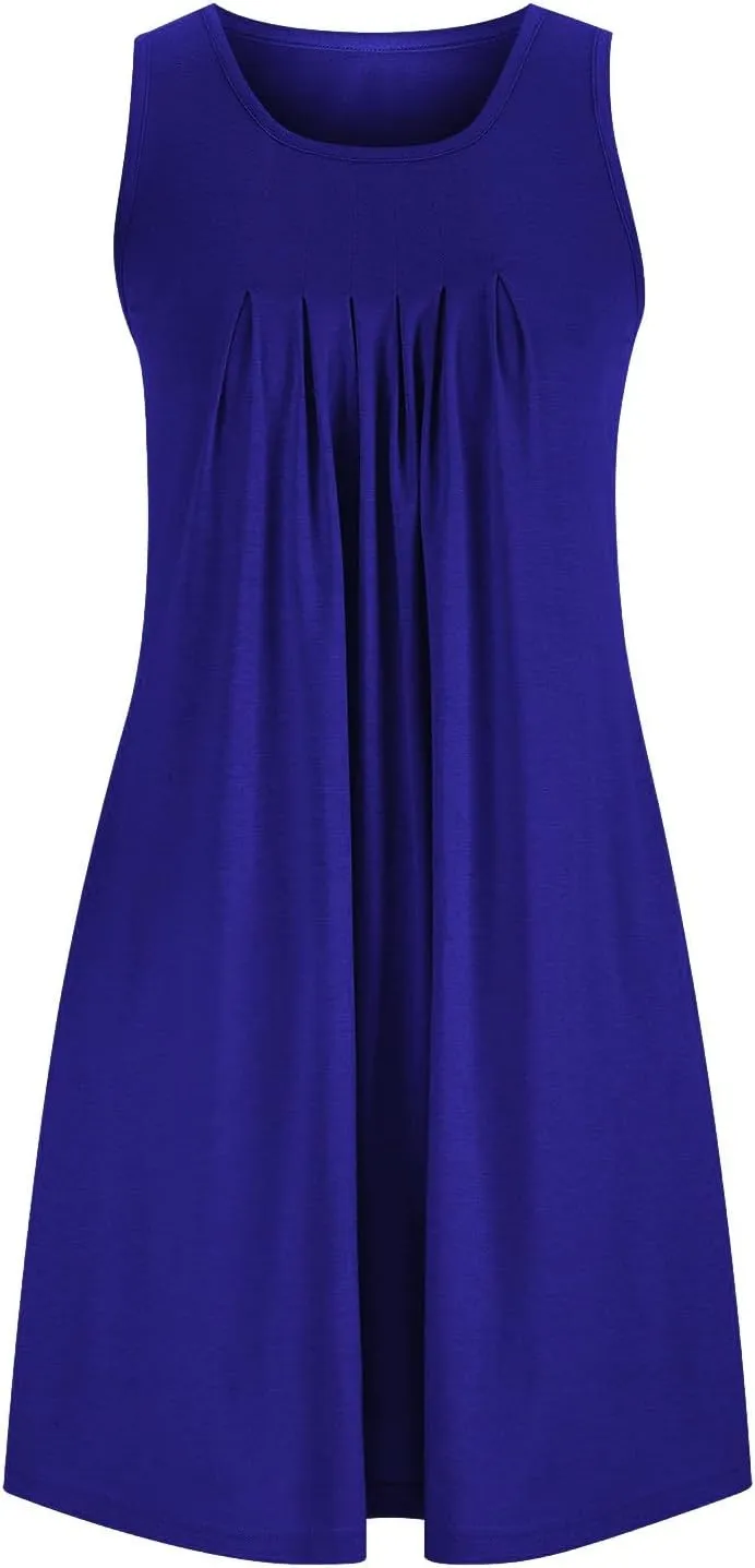 Womens Cotton Nightgown Soft Comfort Sleeveless Crewneck Pleated Front Sleepwear Loose Tunic Sundresses with Pockets