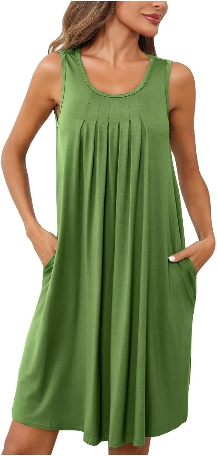 Womens Cotton Nightgown Soft Comfort Sleeveless Crewneck Pleated Front Sleepwear Loose Tunic Sundresses with Pockets