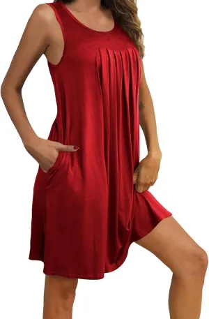 Womens Cotton Nightgown Soft Comfort Sleeveless Crewneck Pleated Front Sleepwear Loose Tunic Sundresses with Pockets