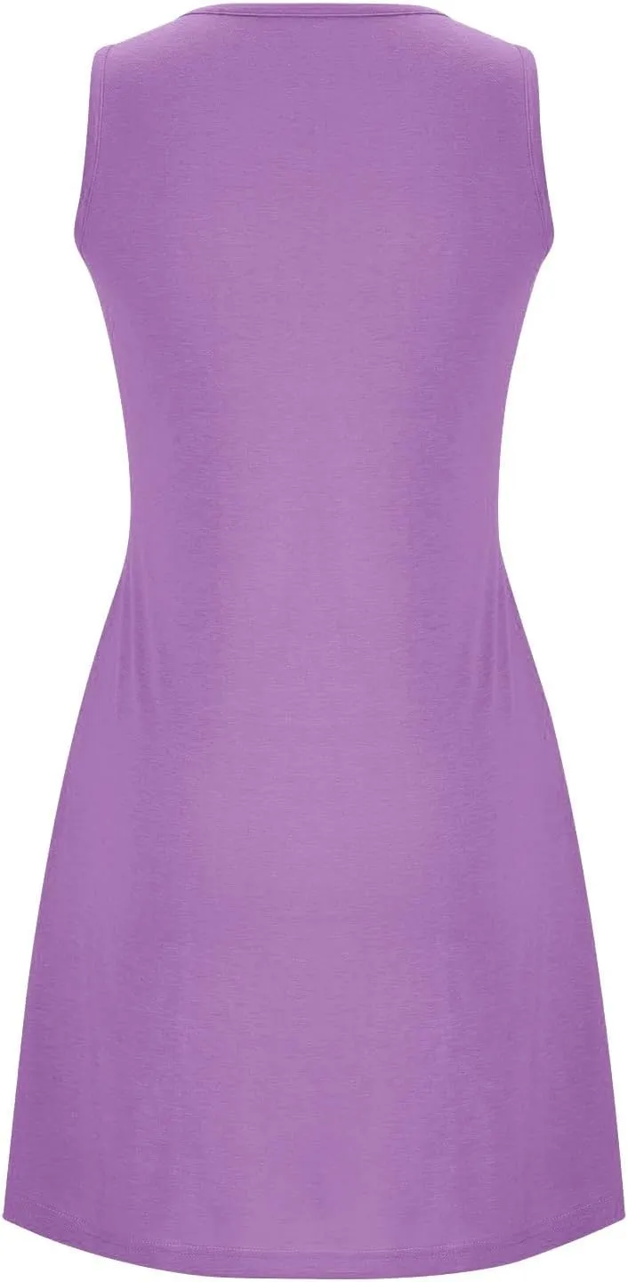 Womens Cotton Nightgown Soft Comfort Sleeveless Crewneck Pleated Front Sleepwear Loose Tunic Sundresses with Pockets